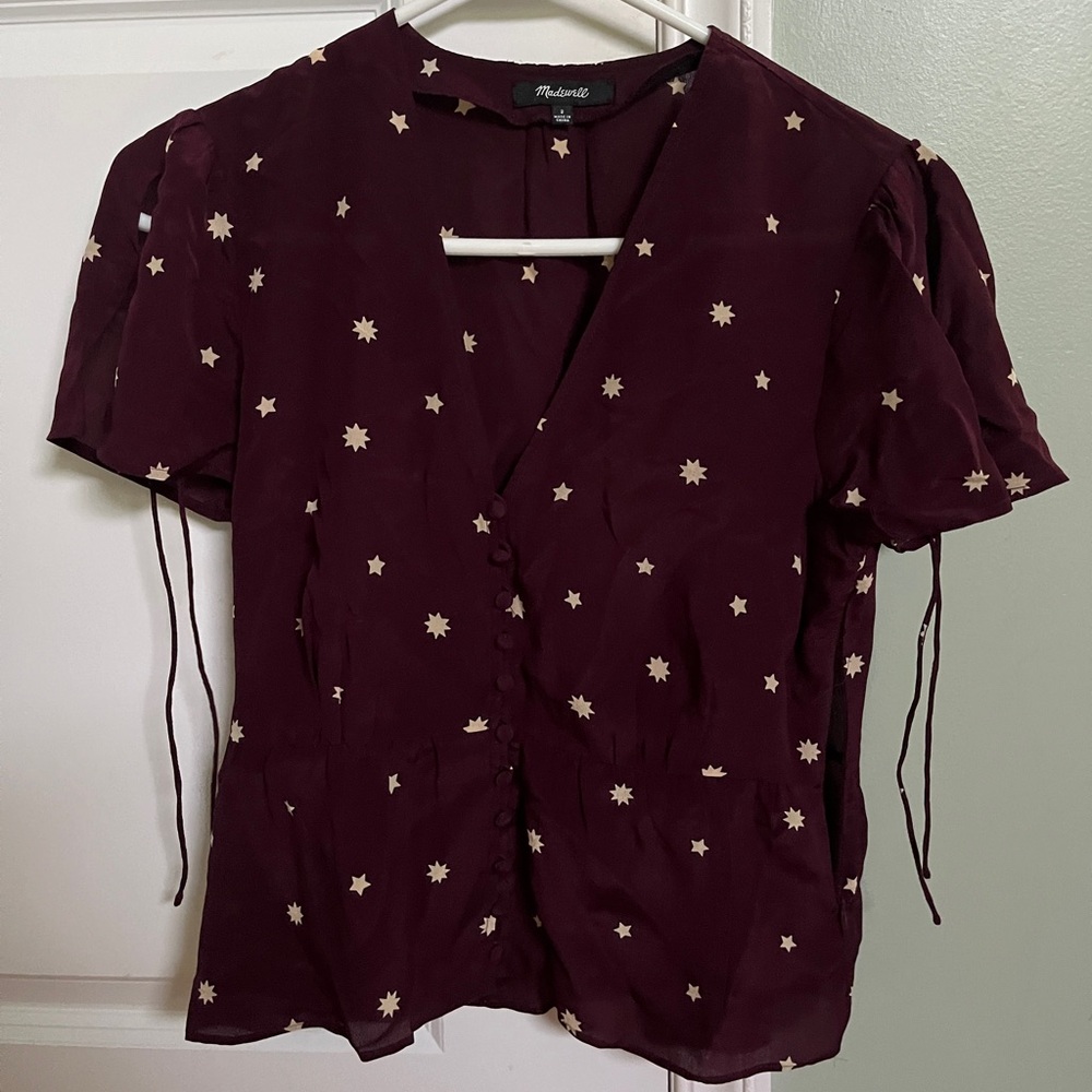 size 2 madewell burgundy blouse, low v neck, tie sleeves